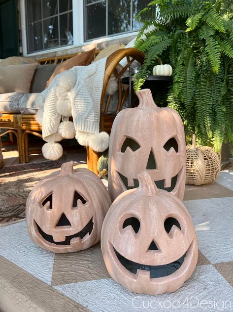 Pumpkins Outdoor Decor, Halloween Jar Filler Ideas, Painted Plastic Jack O Lantern, Halloween Porch Pots, Terra Cotta Jack O Lantern, Baking Soda Pumpkins, Baking Soda Paint Pumpkins, Diy Pottery Barn Halloween Decor, Baking Soda Pumpkin Painting