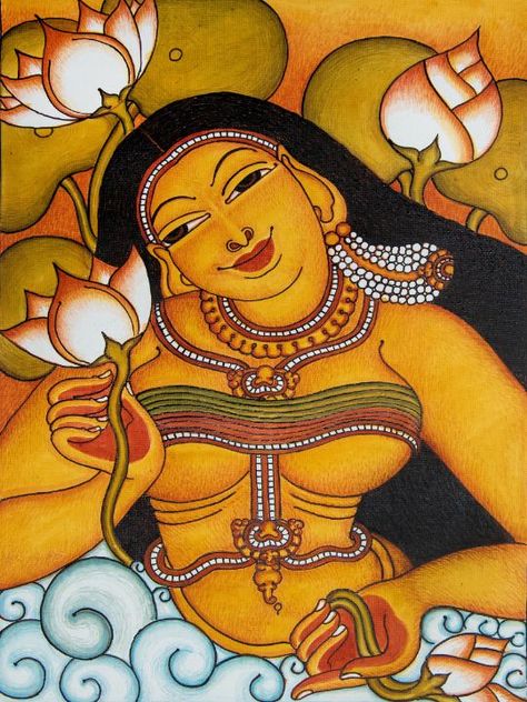 Lady with lotus flower-Kerala Murals - Learn Murals Buddha Art Drawing, Kerala Mural Painting, Conceptual Painting, Indian Art Gallery, Portraiture Painting, Lotus Pond, Indian Folk Art, Madhubani Painting, Buddha Art