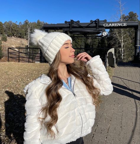 White beanie, white fluffed jacket, long curled hair, eyes closed pose, sunkissed White Beanie Outfit, Long Curled Hair, Beanie Outfits, Beanie Outfit, White Beanie, Curled Hair, Curls For Long Hair, White Beanies, Eyes Closed