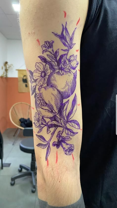 Big Botanical Tattoo, Pomegranate And Peony Tattoo, Botanical Tattoo Women, Palmagranet Tattoo, Forarm Tattoos Woman Floral, Woodcut Floral Tattoo, Georgia Okeefe Tattoos, Collage Tattoos For Women, Belladonna Flower Tattoo