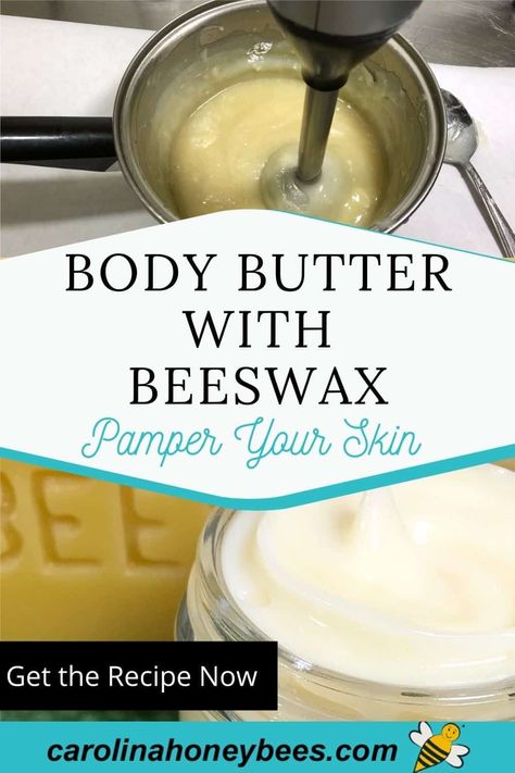 Homemade Body Butter Recipe with Beeswax - Carolina Honeybees Beeswax Body Butter, Whipped Coconut Oil Body Butter, Body Butter Recipe Whipped, Body Butter Packaging, Body Butter Recipe Homemade, Coconut Oil Body Butter, Beeswax Recipes, Diy Body Butter Recipes, Body Butter Recipe