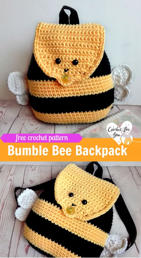 Free Backpack Crochet Patterns, Crochet Animal Backpack Free Pattern, Bee Bag Crochet, Crochet New Ideas, Beginner Crochet Clothing Patterns Free, Crochet Drawstring Backpack Pattern Free, Cute Crochet Bags Free Pattern, Crochet Bumblebee Pattern Free, Crochet Bags Free Patterns Easy