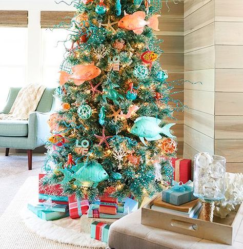 Under the Sea Christmas Tree with Giant Fish Ornaments by Kohl's Under The Sea Christmas Tree, Beach Theme Christmas Tree, Sea Christmas Tree, Under The Sea Christmas, Beach Theme Christmas, Hawaiian Christmas Tree, Beachy Christmas Decor, Tropical Christmas Trees, Beachy Christmas Tree