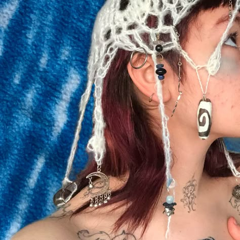 Crochet Headdress, Soft Punk Aesthetic, Punk Crochet, Glittery Eyeshadow, Punk Aesthetic, Fashion Textiles, Hair Things, Eclectic Fashion, No Face