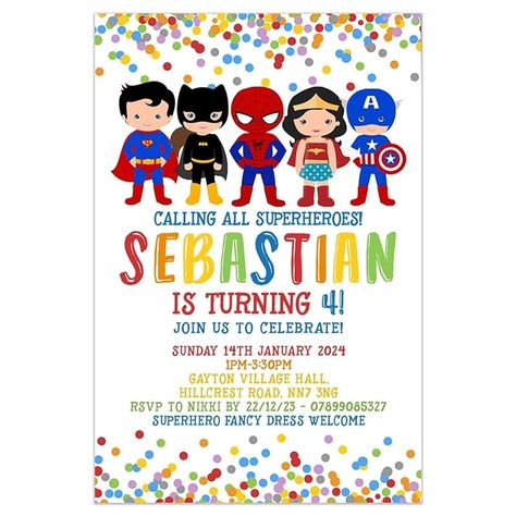 Personalised Superhero Birthday Party Invitations, Superheroes Party Invites Boys Girls | PACK OF 10 WITH ENVELOPES : Amazon.co.uk: Handmade Products Superhero Girls Birthday, Superhero Party Invitations, Superhero Fancy Dress, Superhero Birthday Party Invitations, Boy Party Invitations, Superheroes Party, 25th Birthday Parties, Superhero Birthday Party, Girl Superhero