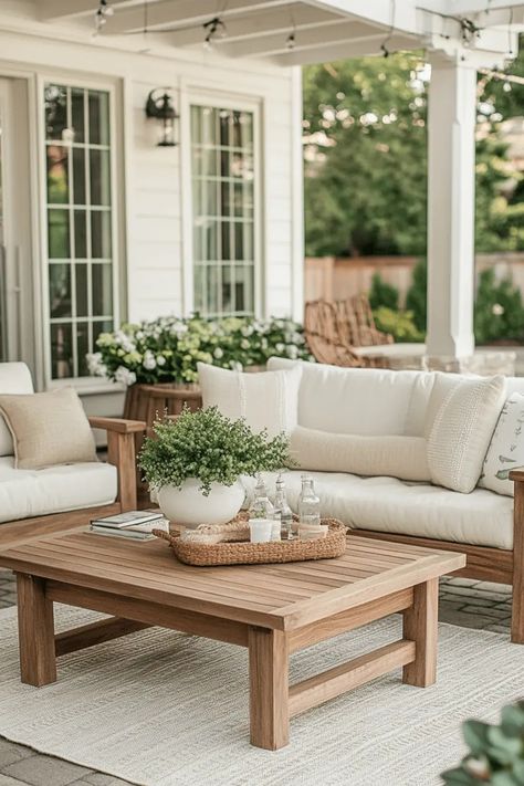 Outdoor patio with cream-colored furniture, wooden coffee table, and potted plant centerpiece. Georgia Landscaping, Patio Potted Plants, Front Porch Seating Ideas, Coastal Deck, Back Patio Decor, Transitional Patio, Veranda Ideas, Yard Remodel, Patio Ideas On A Budget