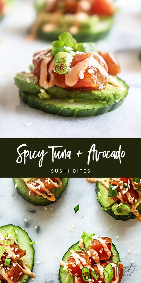 Ahi Tuna Cucumber Appetizer, Tuna On Cucumber Slices, Spicy Tuna Cucumber Bites, Cucumber Sushi Bites, Spicy Tuna Appetizer, Shrimp Avocado Appetizer, Spicy Tuna Bites, Tuna Sashimi Appetizer, Ahi Tuna Appetizer Recipes