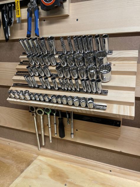 Socket rails from Harbor Freight $1.49/ea. @harborfreight French Cleat Socket Storage, Tool Cupboard, French Cleat Storage, Cleat Wall, Tool Wall Storage, French Cleats, Socket Storage, Tool Wall, Garage Organisation