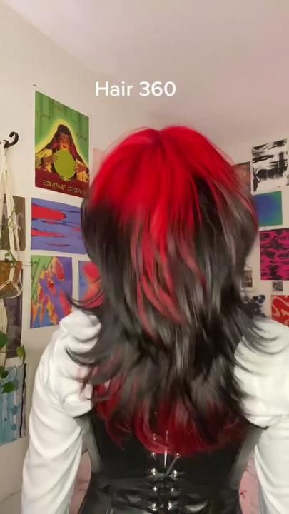 Shag Hair Dye Ideas, Indie Hair Dye Ideas, Black And Red Hair Ideas Short, Red Ghost Roots Black Hair, Black And Red Hair Dye, Layered Alternative Hair, Alastor Haircut, Wolf Cut With Red Highlights, Red And Black Dyed Hair