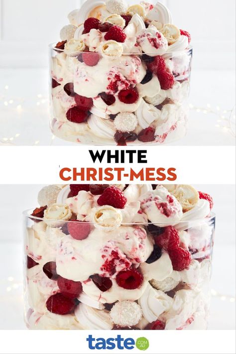 Christmas Eton Mess, Eton Mess Trifle, English Christmas Trifle, Christmas Pavlova Trifle, White Christmas Food, Meringue Trifle, Pavlova Trifle, Christmas Supper, Christmas Pavlova