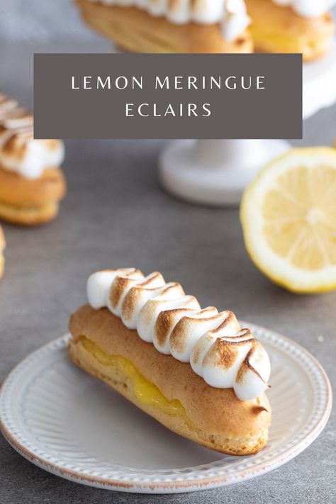 If you love eclairs, you will love this lemon version! These Delicious Lemon Meringue Eclairs are filled with creamy lemon curd and topped with toasted meringue. Not only are they beautiful, but so delicious! Lemon Meringue Eclairs Recipe, Lemon Meringue Eclairs, Danish Puff, Cornbread Dressing With Sausage, Southern Cornbread Dressing, Choux Dough, Toasted Meringue, Eclair Recipe, Cornbread Dressing Southern