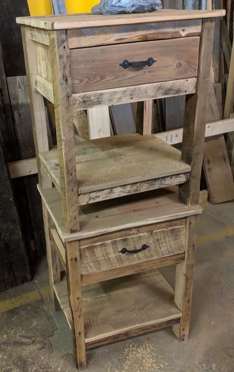 "Reclaimed Weathered Rustic Barnwood Bedroom Furniture Reclaimed Rustic Barnwood 1- Drawer Nightstand (Single Stand) Overall Measurements; 28\"H x 22\"W x 22\"D *Listing price is for One single individual nightstand each *Please contact us before purchasing if you have other Custom Order Inquiries not listed here* (Due to fluctuating pricing & logistics with shipping Size & Weight of Furniture when crated, we can not provide accurate shipping prices at the time of purchase through Etsy) Barnwood Nightstand, Wood Nightstand Bedroom, Barnwood Bedroom, Pallet Nightstand, Bed Side Tables, Rustic Bed, Custom Dining Room, Rustic Nightstand, Barnwood Furniture