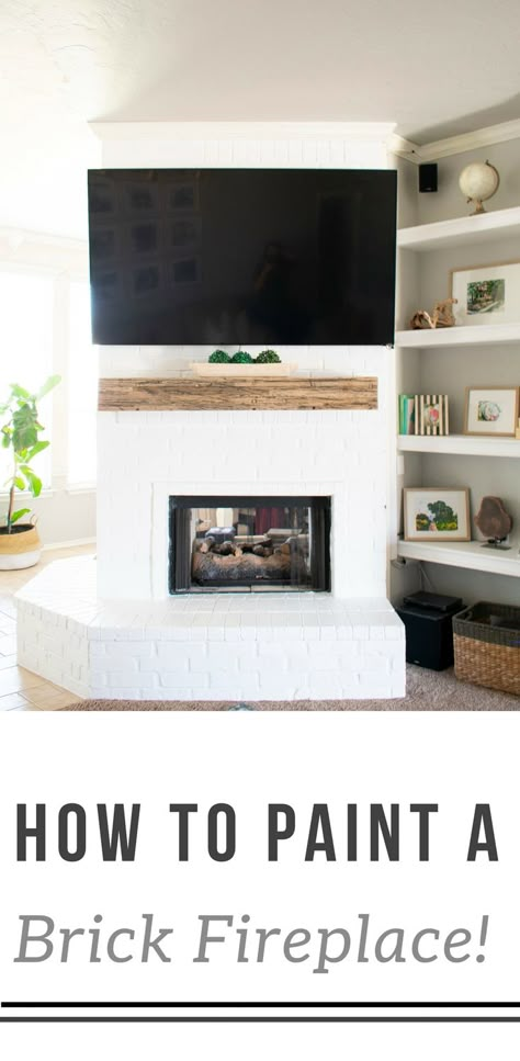 Learn how to paint a brick fireplace with this easy 3 step tutorial. Painted brick fireplace with rustic wood mantle and wall mounted tv, styled built-ins and boho outfit. Rustic Wood Mantle, Smear Fireplace, Paint Brick, Brick Painting, German Smear, Hide Tv, Diy Home Updates, Pottery Barn Living Room, Painted Brick Fireplace