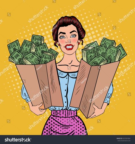 Pop Art Happy Rich Woman Holding Bags with Money. Vector illustration #Ad , #Sponsored, #Rich#Woman#Happy#Pop Money Vector Illustration, Money Vector, Frankie Magazine, Pop Art Women, Pop Art Drawing, Pop Art Comic, Pop Art Wallpaper, Rich Women, Art Happy