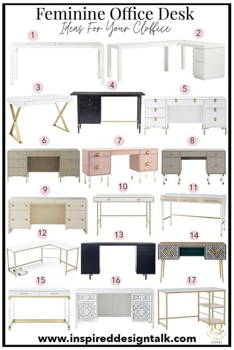 Feminine Office Desks, Home Office Chic Classy, Woman Desk Home Office, White Executive Office Desk, Modern Elegant Office Design, Glam Desk Ideas, Woman Office Ideas Work Spaces, Feminine Office Space Modern, Feminine Home Office Classy Chic