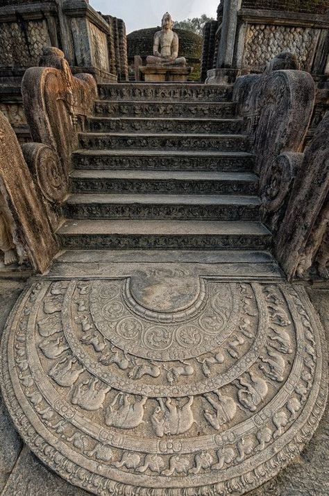 Ancient temple ruins in Anuradhapura in Sri Lanka. The intricately carved bottom stone is called the ‘Moonstone’ and the steps lead to a still intact, sitting Buddha Temple Ruins, Ancient Temple, Sitting Buddha, Carved Stone, Ancient Temples, Sacred Places, Bhutan, Ancient Architecture, Place Of Worship