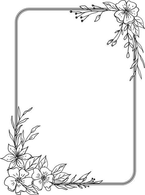 Simple Floral border with hand drawn leaves and flowers Easy Simple Border Design, Corner Designs Border Flowers, Flower Frame Design Simple, Flower Border Design For Project, Flower Border Design Simple, Flower Drawing Border, Floral Border Design Simple, Border Drawing Design, Flower Corner Border Design