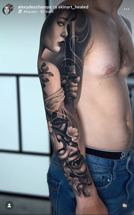 Japanese Realism Tattoo, Geisha Tattoo Sleeve, Girl Samurai, Japanese Geisha Tattoo, Samurai Tattoo Sleeve, Geisha Tattoo Design, Black And Grey Tattoos Sleeve, Buddha Tattoo Design, Samurai Tattoo Design