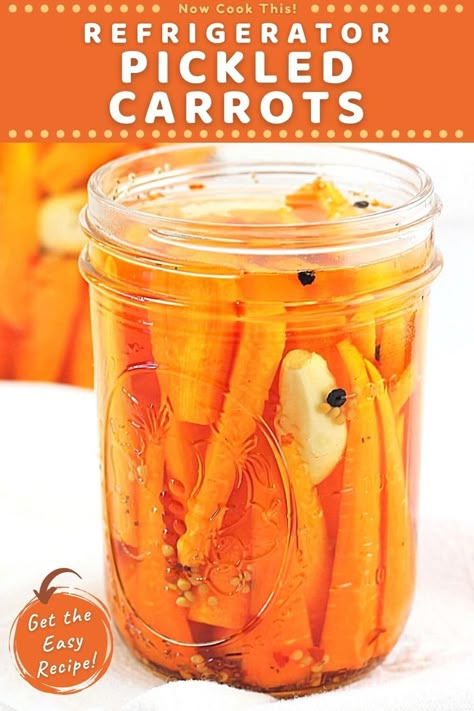 Sweet Pickled Carrots Recipe, Spicy Pickled Carrots, Pickled Carrots Recipe, Carrot Recipe, Spicy Carrots, Jar Food, Pickled Carrots, Refrigerator Pickles, Meatless Main Dishes