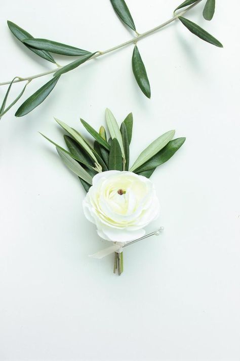 Peony Boutonniere, White Peonies Bouquet, Olive Green Weddings, Olive Wedding, Ranunculus Flowers, Olive Leaves, Green Wedding Colors, Rustic Bouquet, White Bridal Bouquet