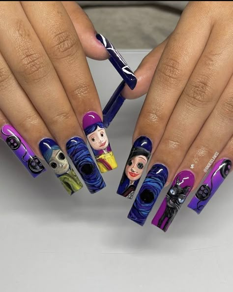 Tv Show Inspired Nails, Cartoon Halloween Nails, Caroline Nails, Disney Character Nails, Cartoon Character Nails, Cartoon Nails Acrylic, 90s Cartoon Nails Acrylic, Coraline Nails, Cartoon Nail Designs