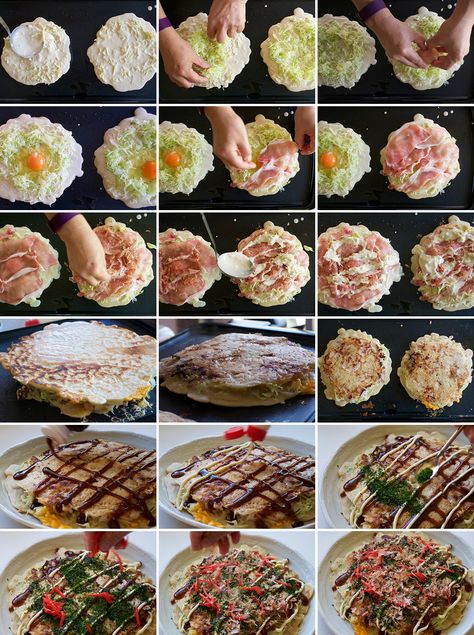 Steps to make okonomiyaki Okonomiyaki Rezept, Japanese Pancake Recipe, Okonomiyaki Recipe, Bonito Flakes, Pictures Of Food, Shredded Cabbage, Easy Japanese Recipes, Japanese Street Food, Mapo Tofu