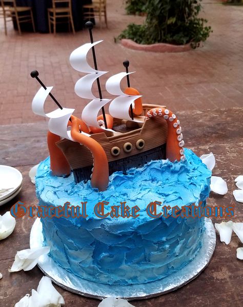 https://flic.kr/p/QHVPwz | Pirate Ship with Kraken Groom's Cake Ship Cakes Birthday, Kraken Birthday Party, Shipwreck Cake, Pirate Cakes For Kids Boys, Kraken Party, Kraken Cake, Pirate Cakes, Pirate Ship Cake, Pirate Birthday Cake