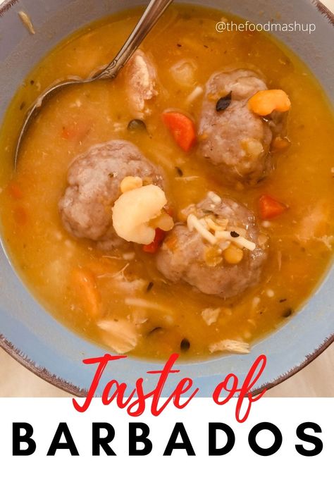 A delicious, hearty and traditional soup from Barbados! #chicken #easy #beginners #recipe #dumplings #food #video #caribbean Bajan Dumplings Recipe, Caribbean Chicken Soup, Bajan Macaroni Pie Recipe, Recipe Dumplings, Barbados Recipes, Bajan Recipe, Chicken And Dumpling Soup, Barbados Food, Caribbean Chicken