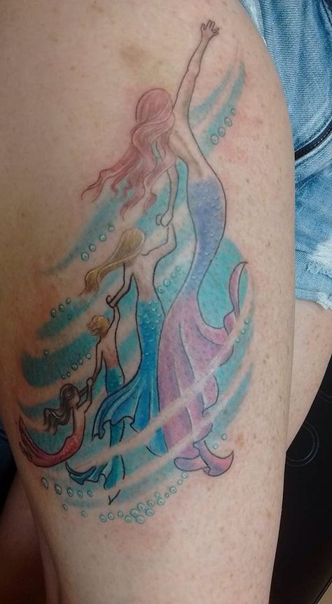 Three Mermaids Tattoo, Mermaid Family Tattoo, Baby Mermaid Tattoo, Mom Mermaid, Chris Tattoo, Mermaid Family, Breastfeeding Tattoo, Symbols Of Strength Tattoos, Black Line Tattoo