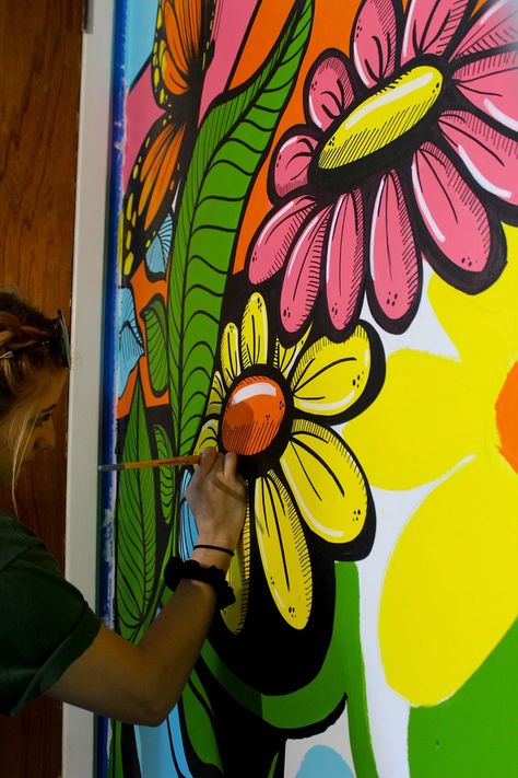 Flower Painting Mural, Elementary School Murals, Flower Mural Wall, Library Mural, Wildflower Mural, Floral Murals, Wall Painting Flowers, Flowers Mural, Outdoor Murals