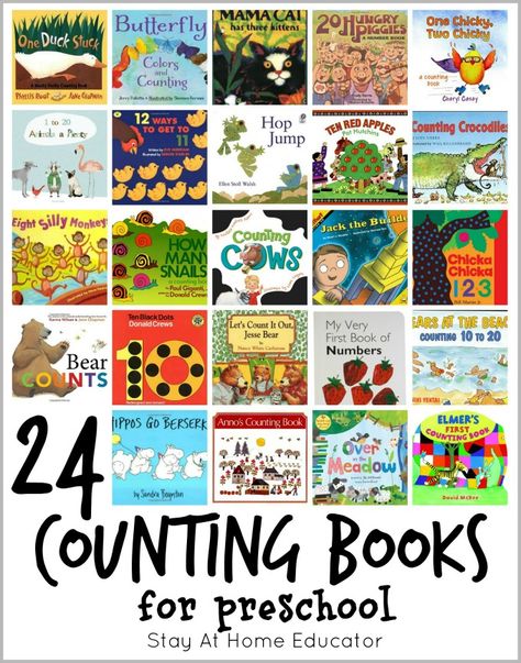 24 counintg books for preschoolers, plus 48 other math books. Two math based picture books for each week of the school year. Preschool Math Printables, Math Picture Books, Books For Preschool, Math Pictures, Books For Preschoolers, Math Coach, Number Identification, Counting Books, Math Instruction