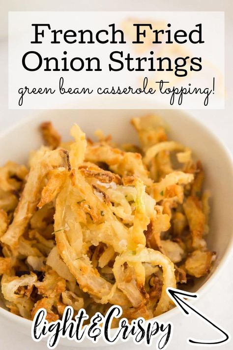 This homemade copycat French's onion strings recipe is way too easy not to try it yourself! Get out your air fryer and a few simple ingredients and in no time, you'll be enjoying that extra bit of crispy, oniony, salty crunch on top of everything from casseroles to burgers to soups and more! How To Make Homemade French Fried Onions, Homemade Fried Onions For Casserole, Homemade Fried Onion Topping, Air Fryer French Fried Onions, Air Fried Onion Straws, Homemade Crispy Onions, Air Fryer Crispy Onion Straws, Crispy Onion Straws Air Fryer, Air Fryer Crispy Fried Onions