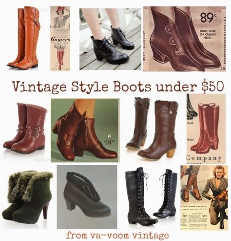 8 Vintage Style Boots for Spring- Under $50 1950s Boots, 1940s Winter Fashion, Vintage Winter Outfits, Vintage Capsule Wardrobe, Historic Fashion, Shoe Shopping, Fashion Crafts, Retro Hair, Winter Fashion Boots