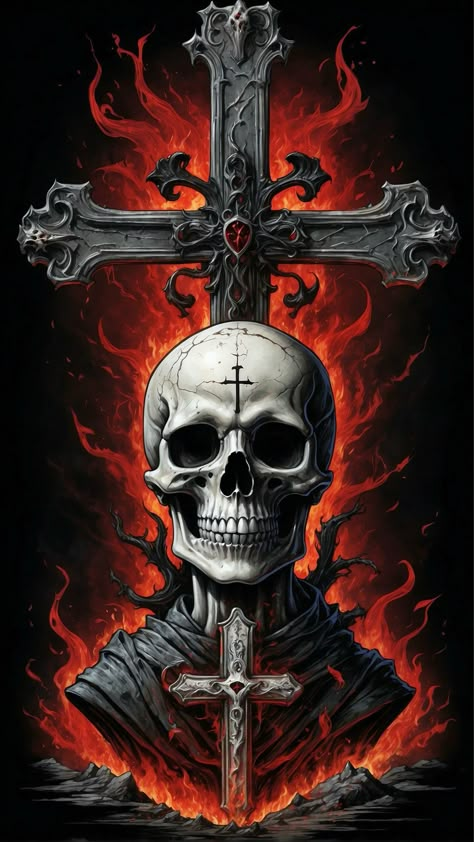 Goth Cross & Skull Skulls Wallpaper, Colorful Skull Art, Black Skulls Wallpaper, Goth Cross, Metal Posters Art, Skull Poster, Ghost Rider Wallpaper, Dragon Wallpaper Iphone, Scary Skull