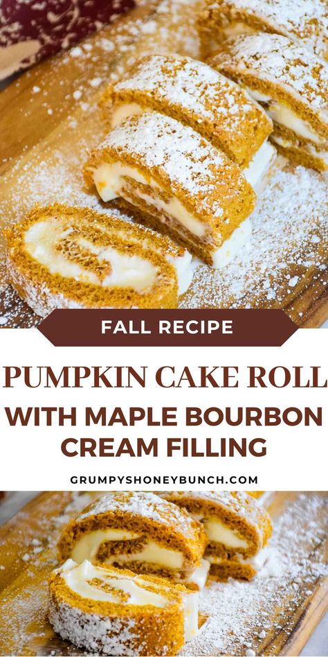 Get ready to impress with this Pumpkin Cake Roll filled with maple bourbon cream! It’s the ultimate fall dessert—fluffy, flavorful, and totally customizable for any occasion. Frost On The Pumpkin Pie, Pumpkin Cake Roll, Mouthwatering Desserts, Pumpkin Roll Cake, Bourbon Cream, Dessert Hummus, Pies Recipes, Muffins Recipes, Maple Bourbon