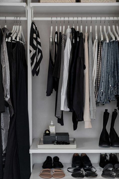 Minimal Closet: 2023 Overview - Hej Doll | Simple modern living by Jessica Doll. Minimalistic Closet, Copenhagen Living, Minimal Closet, Classic Leather Jacket, Drape Pants, Minimal Wardrobe, Minimalist Closet, Black Cotton Dresses, Closet Update