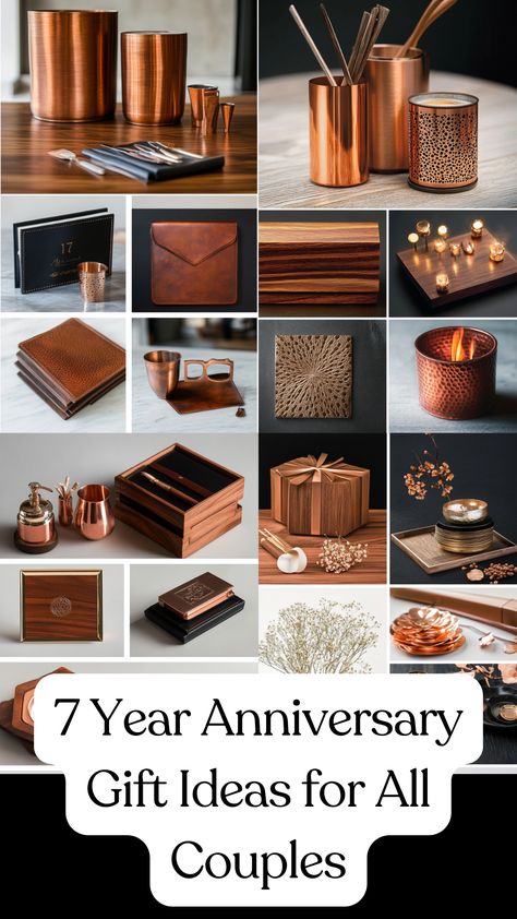 A collection of 7 year anniversary gift ideas, including traditional copper and wool presents, modern desk sets, and unique, thoughtful gifts for couples. Year 7 Anniversary Gifts, Copper And Wool Anniversary Gifts, Wool Anniversary Gifts For Him, 7 Year Wedding Anniversary Gift For Him, 7th Anniversary Gift Ideas For Him, 7 Year Anniversary Gift Ideas For Him, Year Anniversary Gift Ideas, 7 Year Anniversary Gift, 7 Year Anniversary