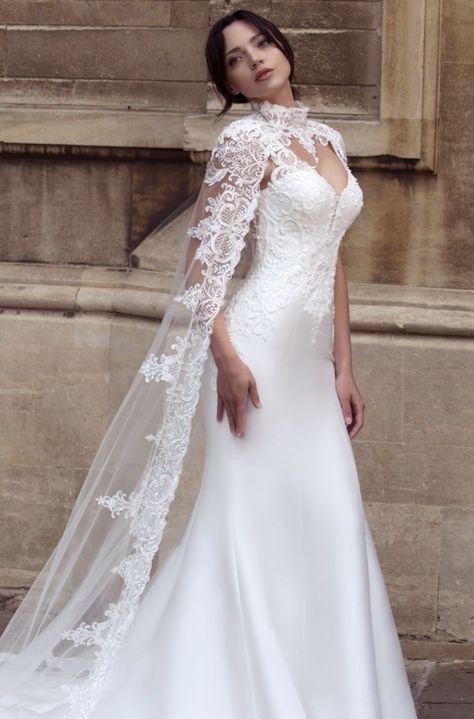 Halter Lace Wedding Dress, Wedding Dress With Cape, Mikado Dress, Wedding Dress Cover, Elegant Bridal Dress, Dress With Cape, Modest Wedding Gowns, Wedding Dress With Lace, Cape Wedding Dress