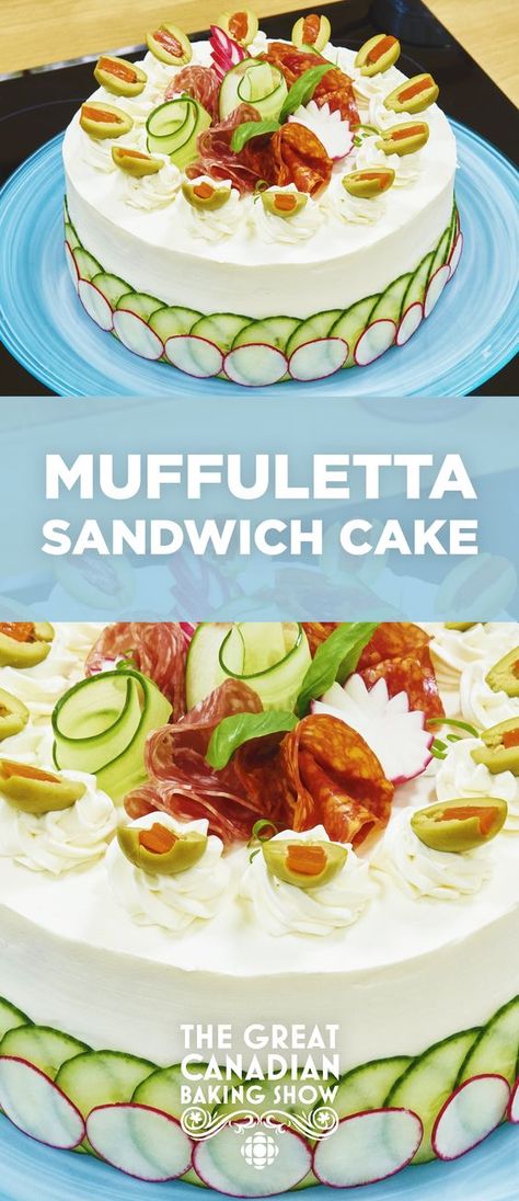 Sandwich Cakes Savory, Smorgastarta Sandwich Cake, Stacked Salads, Fancy Sandwiches, Canadian Baking, Deli Platters, Sandwich Cakes, Homemade Cream Cheese Frosting, Muffuletta Sandwich