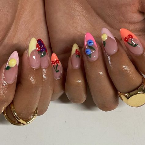 | frutas 🍒🍋🍇🍓🫐 for @lexdelvalle 🫶🏻 this set is giving European summer 🌞 @apresnailofficial natural medium almond | Instagram Midsommar Nails, Nails Art Summer 2024, Medium Almond, Fantasy Nails, Nail Jewelry, Art Nails, Nail Art Summer, Nails Inspo, Nail Arts