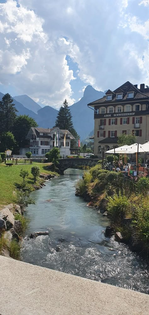 Wonderful village in the Swiss slps Swiss Mansion, Swiss Alps Aesthetic, Calming View, Swiss Village, European Summer Aesthetic, Places In Switzerland, Dream Travel Destinations, Swiss Alps, Dream City