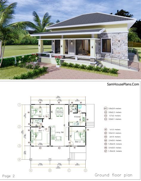 Plan 3d Interior Design House Plans 13x9.5m Full Plan 3beds - Samphoas E6B 4 Bedroom One Story House Plans Open, Hip Roof House Plans, Bathroom Objects, Bungalow Style House, Three Bedroom House Plan, Understanding Quotes, Modern House Floor Plans, Aesthetic Architecture, Bungalow Floor Plans