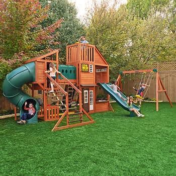 Backyard Kids, Wall Ladder, Play Structures, Playground Ideas, Cedar Lumber, Wooden Playset, Crow's Nest, Playset Outdoor, Wooden Swings