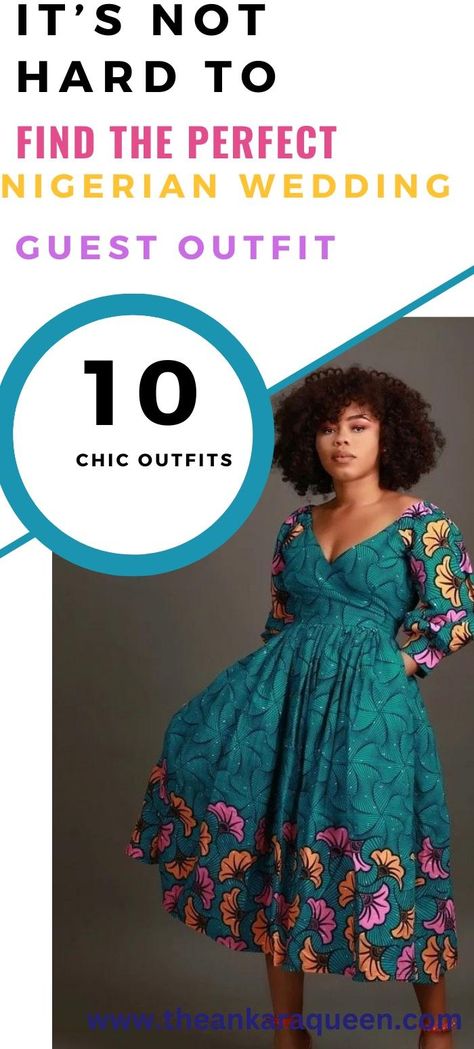 A young black woman with curly harly hair wears a low-cut teal ankara print midi dress. The dress has floral details around the extremes and pockets as well Nigeria Outfit, Ankara Styles For Wedding Guests, Nigerian Wedding Guest Dress, Nigerian Outfits For Women, Ankara Wedding Guest Outfit, Nigerian Outfits, Nigerian Weddings, Wedding Guest Style, Nigerian Wedding