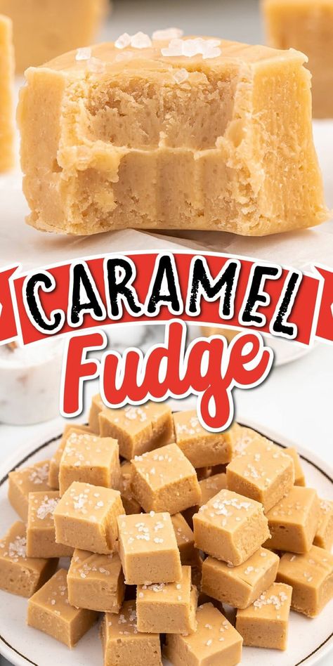 This rich Caramel Fudge recipe takes 10 minutes to make by mixing together white baking chips, sweetened condensed milk, butter, corn syrup, and brown sugar, and sprinkling with sea salt. Treat yourself to the most delicious homemade candy you’ll ever taste – it’s a creamy sweet confection for those times when you need fudge fast! Sea Salt Caramel Fudge Recipe, Carmel Apple Fudge Recipe, Uses For Sweetened Condensed Milk, What To Do With Sweetened Condensed Milk, Carnation Milk Fudge Recipe, Old Fashioned Fudge Recipe, Condensed Milk Recipes Desserts Easy, Easy Fudge Recipe With Condensed Milk, Fudge Recipes With Condensed Milk