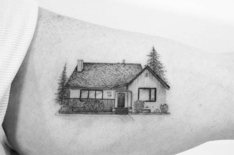 Her childhood home. Childhood House Tattoo, Lake House Tattoo, Childhood Home Tattoo Ideas, Childhood Home Tattoo, Cottage Tattoo, Cabin Tattoo, House Tattoos, Building Tattoo, Doe Tattoo