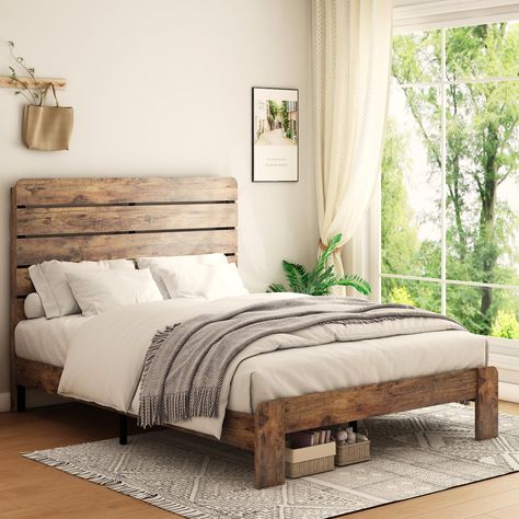 PRICES MAY VARY. 【Industrial and Rustic Style Appearance】The rustic bed frame with wooden headboard has a unique and innovative design of the entire headboard, which adopts an open horizontal bar design and the wood grain pattern adds a natural flavor. The headboard is high enough to allow your head and body to relax enough when you lie down. Rustic and vintage brown, the headboard and footboard are both industrial and farm-style, waterproof and scratch-proof, simple and modern, yet practical an Wood Bed Frame Sheets, Poly And Bark Bed Frame, Light Wood Bed Frame Rustic, Queen Sized Bed Frame Wood, Woodem Bed Frame, Bedroom Wood Frame Bed, Wooden Bed Frame Styling Rustic, Wood Beds Frame, Cozy Rustic Bed Frame