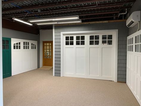 Beach House Garage, Wooden Garage Door, Finishing A Basement, White Garage Doors, Carriage Style Garage Doors, Home Addition Ideas, Curbside Appeal, Garage Door Windows, Wooden Garage Doors