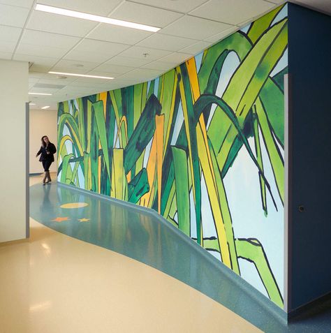 UCSF Benioff Children’s Hospital   Wall Art Murals     Blow Up Lab produced and installed 5000 square feet of art murals by artist Dave Muller. They can be seen on all six floors of the newly constructed UCSF Benioff Children’s Hospital in the Mission Bay neighborhood of San Hospital Wall Art, Hospital Hallway, Hospital Decoration, Children Hospital Design, Children's Clinic, Reception Desk Design, Children Hospital, School Murals, Hospital Design