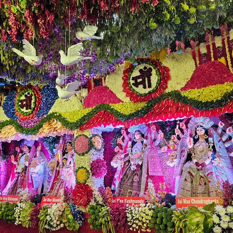 Jai mata di. Mata Vaishno Devi Darbar decorated with fresh flowers and fruits on the occasion of Shardiya Navaratri. #jaimatadi #navratri #aimil #flowerdecoration Jai Mata Di, Vaishno Devi, Fresh Flowers, Flower Decorations, Fruit, Flowers, Quick Saves